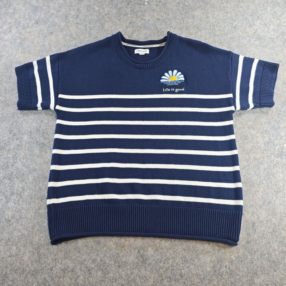 Life Is Good Sweater Women Large Navy w White Striped Logo Embroidered Daisy